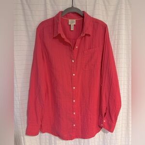 St. John's Bay 100% Cotton Hot Pink Button-Down Tinic Long-Sleeve Gauze Shirt